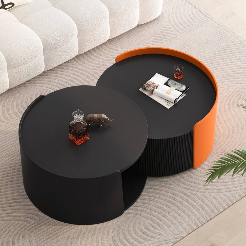 Anmytek Space Saving Round Nesting Coffee Table Extendable Sliding Top No Assembly Black