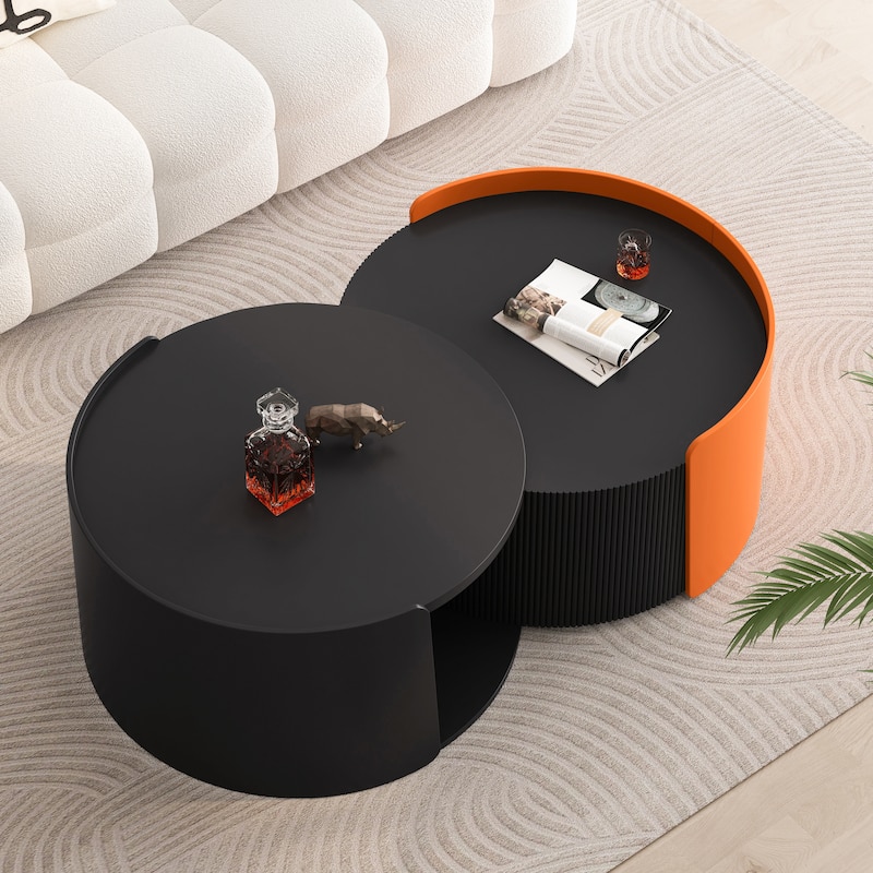 Modern Nesting Coffee Table Side Table with Retractable Sliding Tabletop and Storage Cabinet, for Living Room, Black