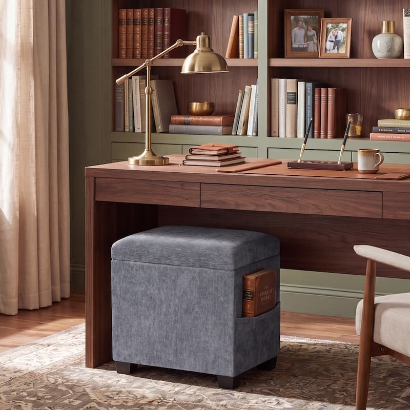 Adeco 16" W Upholstered Rectangle Storage Ottoman with Tray and Pocket