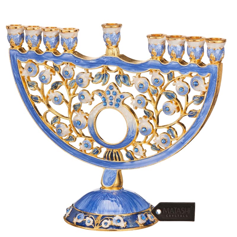 Hand Painted Blue Enamel Pomegranate Design Menorah Candelabra