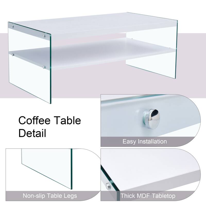 43.3" Modern Rectangular Coffee Table with Tempered Glass Legs and Storage Shelf