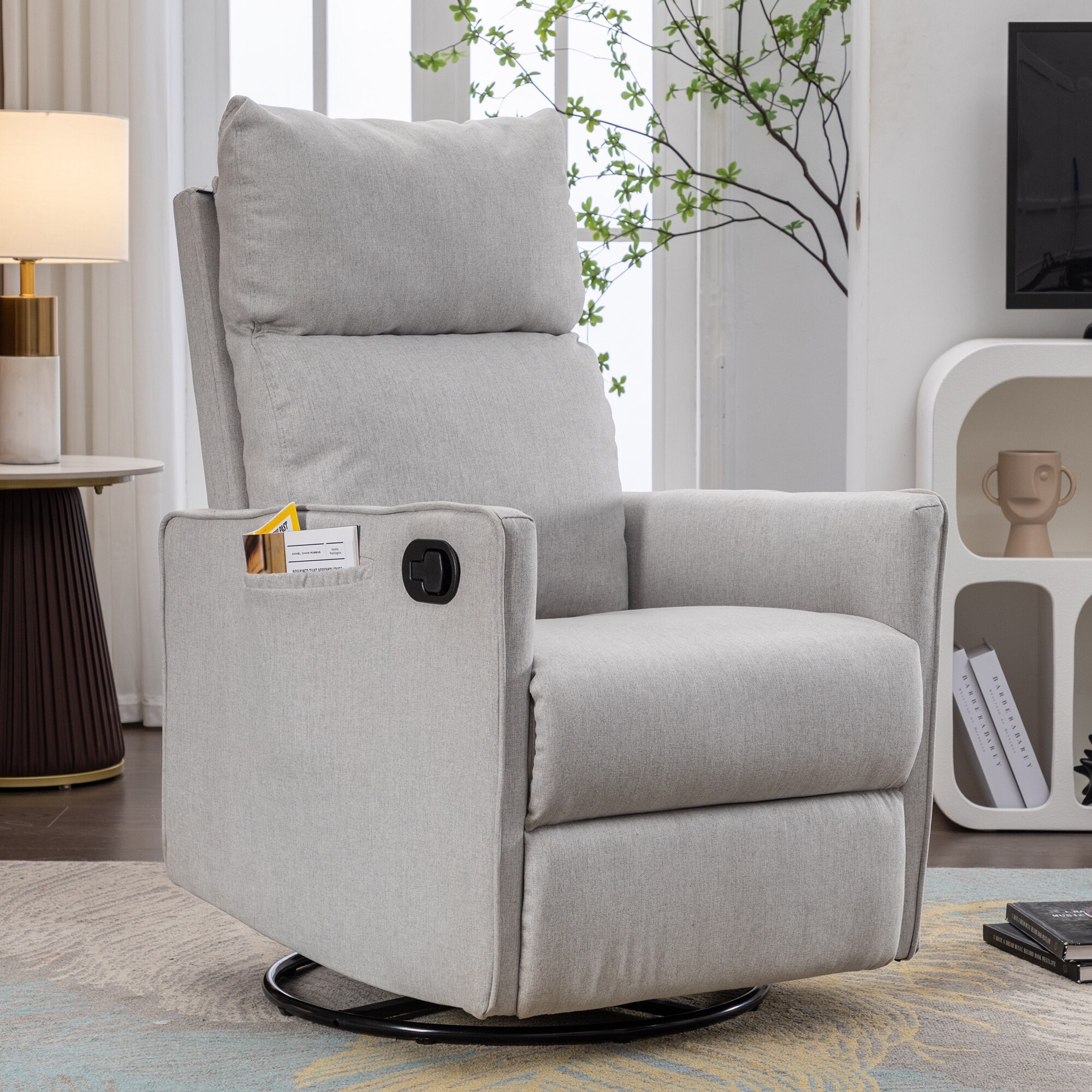 Cotton Linen Fabric Swivel Rocking Chair Glider Rocker Recliner Nursery Chair with Adjustable Back Footrest Pocket Light Gray