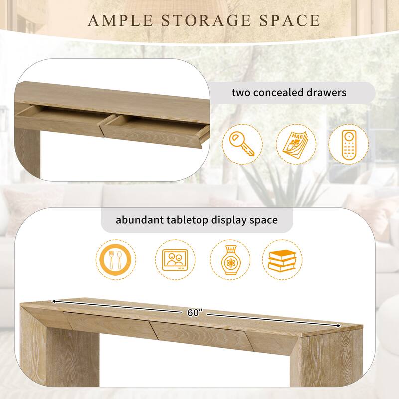 60"Modern Farmhouse Console Table with 2 Concealed Drawers,Waterfall Design Entryway Table with Thickened Legs&Rustic Wood Grain