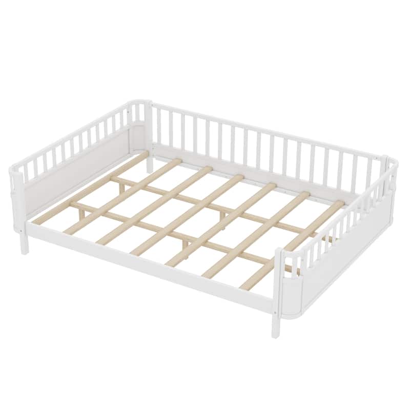 Multi Size Low Platform Bed for Kids with Rounded Corners Guardrails, Detachable Right-side Fence and Open Left-side Design