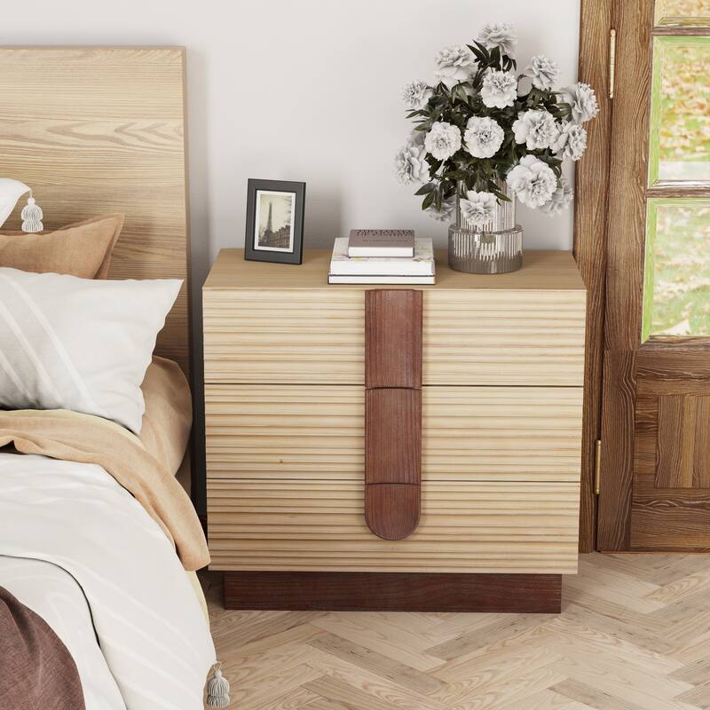 COZAYH Modern Farmhouse Dresser with Grooved Front Design, Spacious Rustic Bedside Chest for Bedroom Light Natural Wood Finish