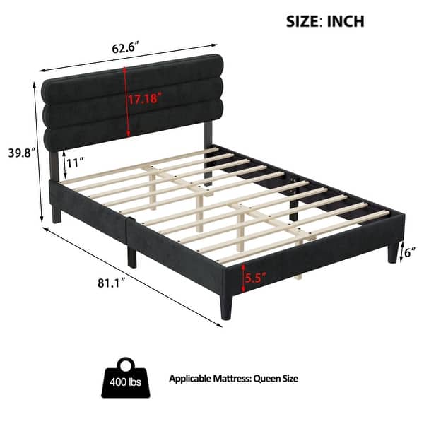 DARK GREY Queen Size Platform Bed w/ Upholstered Headboard for Kids Teens Adults