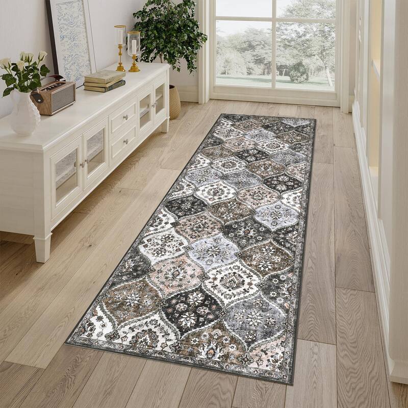Rugs for Living Room Vintage Oriental Trellis Area Rug Soft Non Slip Low Pile Accent Rugs for Dining Room Office - 2'x8' - Gray Brown