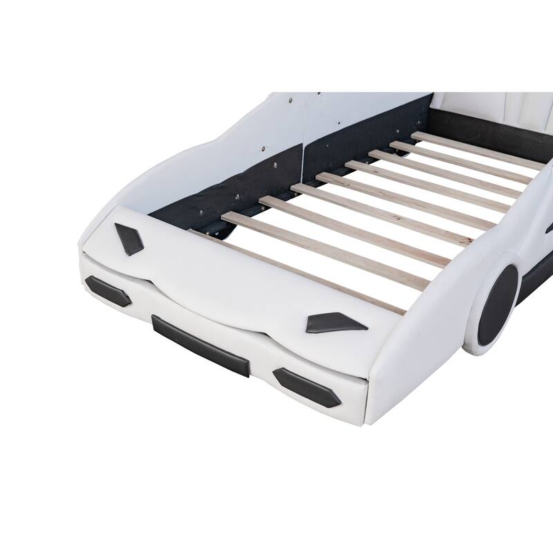 Twin PU Leather Race Car Bed with Guardrail & Car Seat Headboard