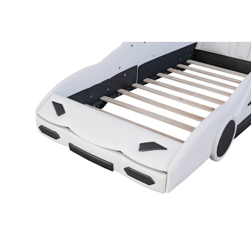 Vibrant White Twin Race Car Bed on Wheels - Kids' Dream Ride!