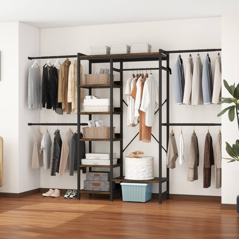 Wall-Mounted Clothing Storage Rack Multi-Functional Closet Organizer System with Adjustable Rods and Shelves - 7 Shelves Black