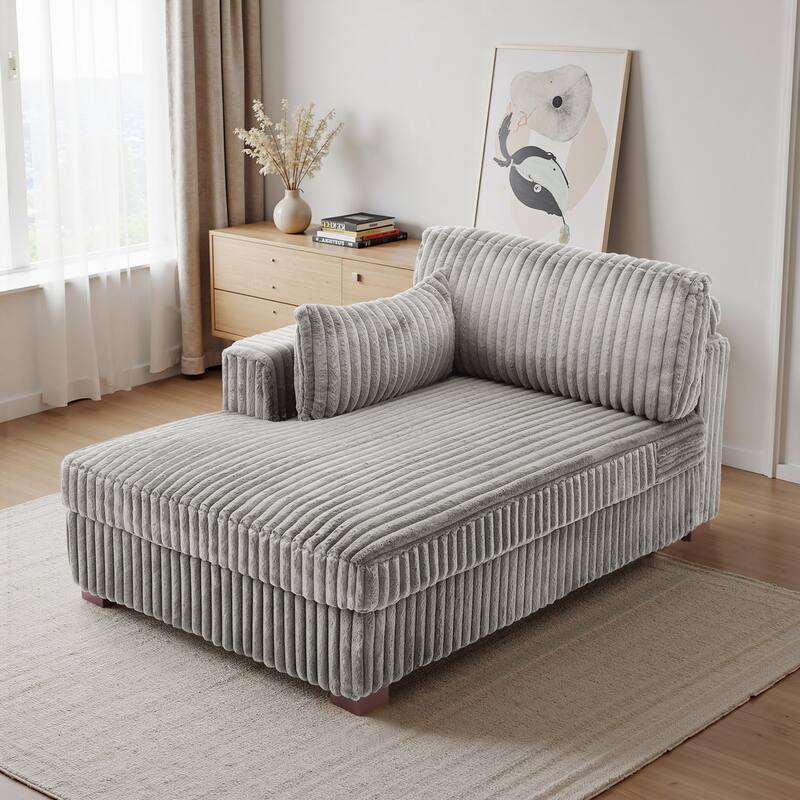 UIXE Upholstered Plush Bedroom Lounge Chairs with Right Armrest & Lumbar Pillow - Light Grey