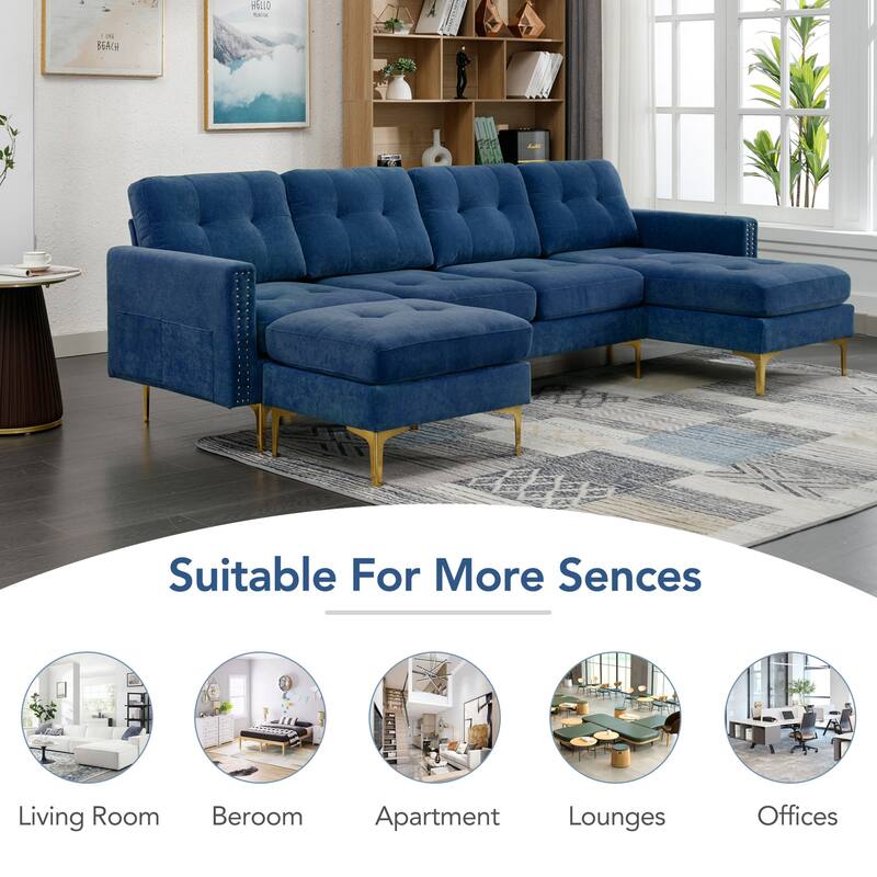 110.6" Velvet L-Shaped Sectional Sofa with Movable Ottoman and Storage Pockets