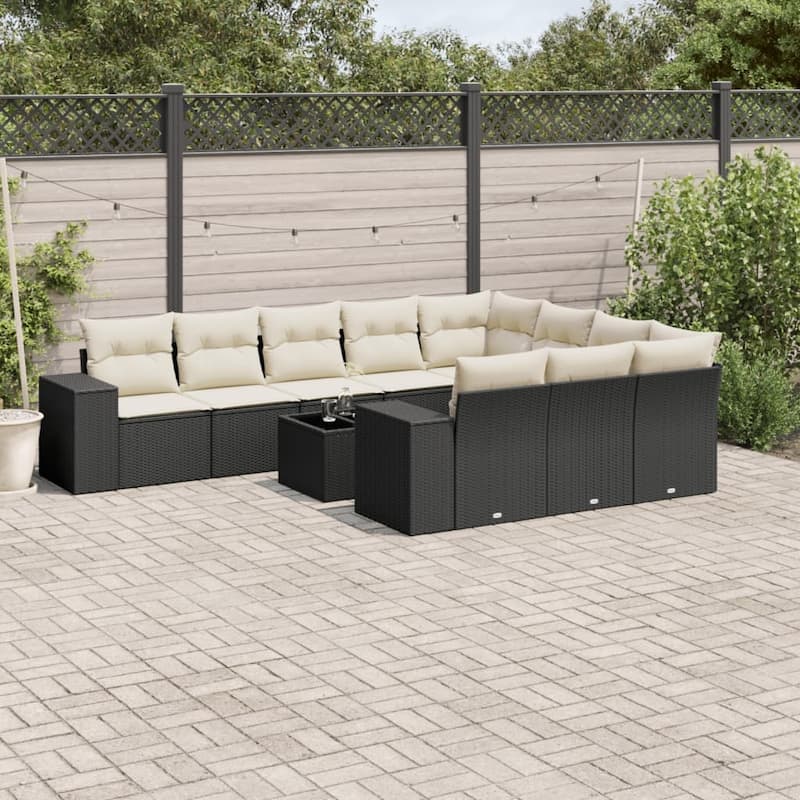 vidaXL Patio Sofa Set with Cushions Outdoor Conversation Furniture Poly Rattan - Black and cream without table - 21.7 x 21.7 x 14.6 in