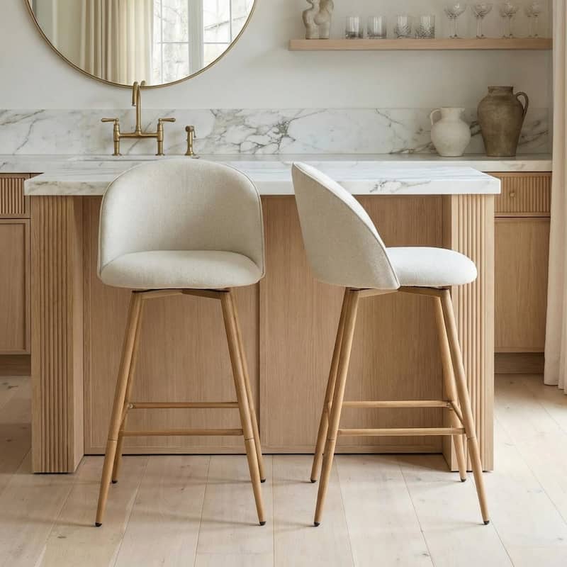 Homy Casa Upholstered Counter Stools with Curved Back and Metal Legs for Kitchen Islands,Breakfast Bars - Set of 2 - Beige