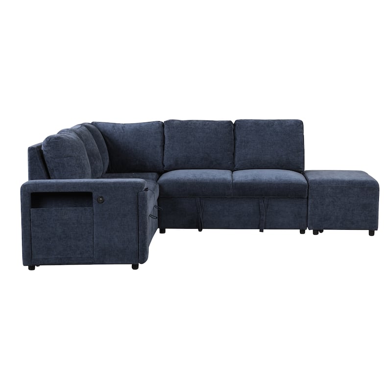 Convertible Sleeper Sectional Sofa with Pull-Out Bed & Storage, L-Shape Modular Sofa with Ottoman, USB Ports & Cup Holders