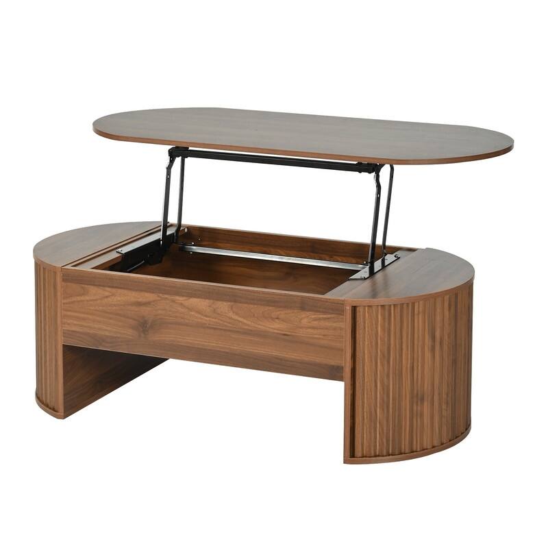 Wood Lift Top Coffee Table with Hidden Storage, 47" Oval Lift Table Top wavy grooves Design Conversation Table