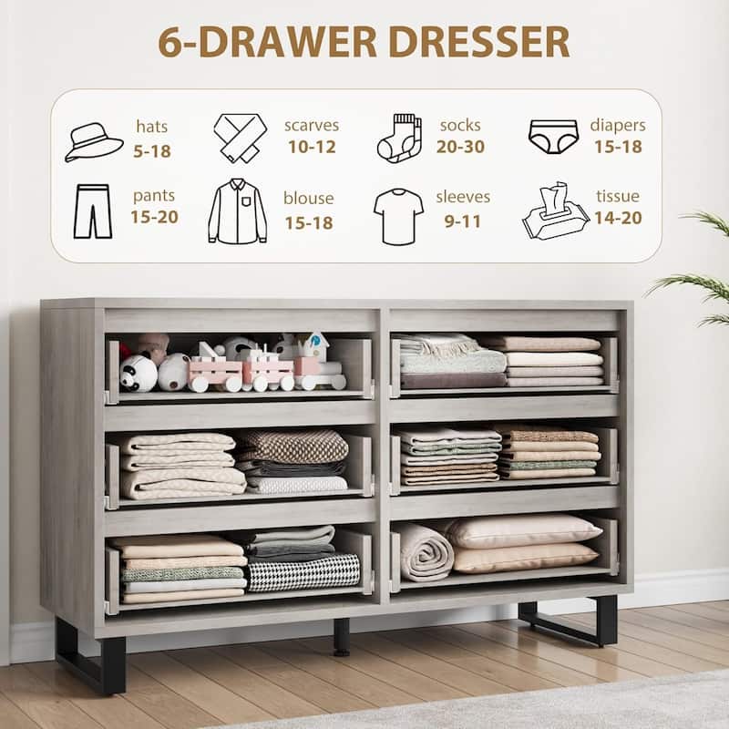Farmhouse Freestanding Double 6 Drawer Dresser for Bedroom, Living Room, Hallway