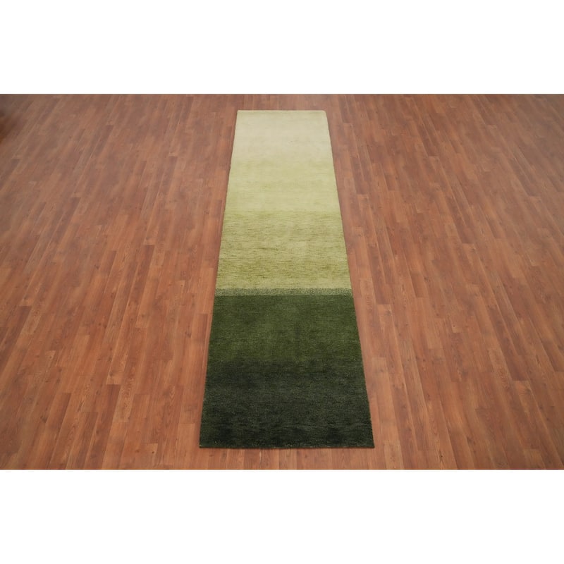 Hand Knotted Oriental 100% Wool Carpet Modern Modern Green Gabbeh Runner Rug - 9' 10'' X 2' 8''