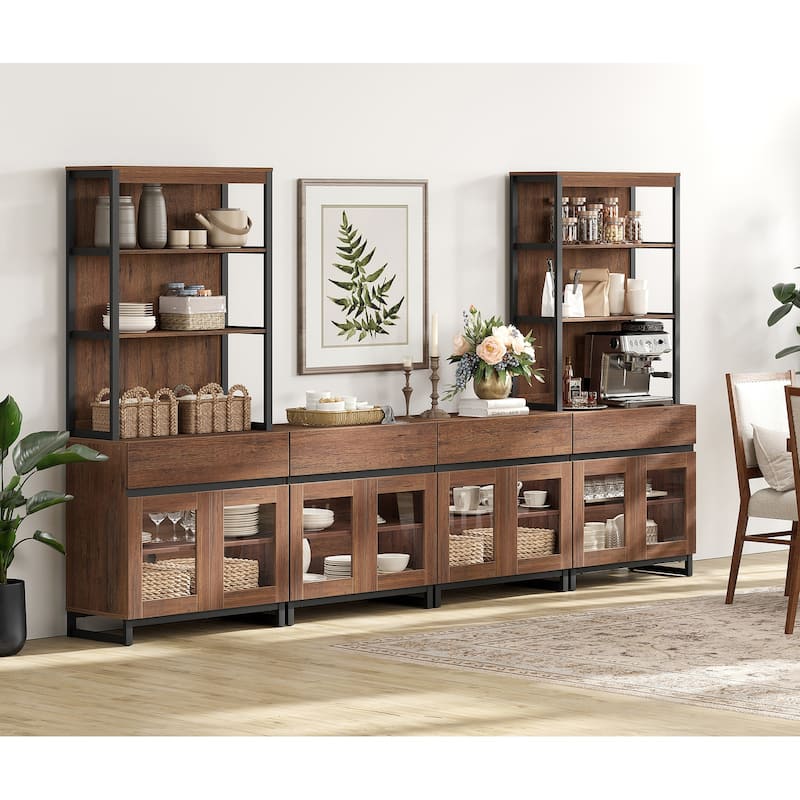Modern Farmhouse Buffet Cabinet with 3 Tiers and 4 Cabinets, Wooden Sideboard for Dining Room or Kitchen
