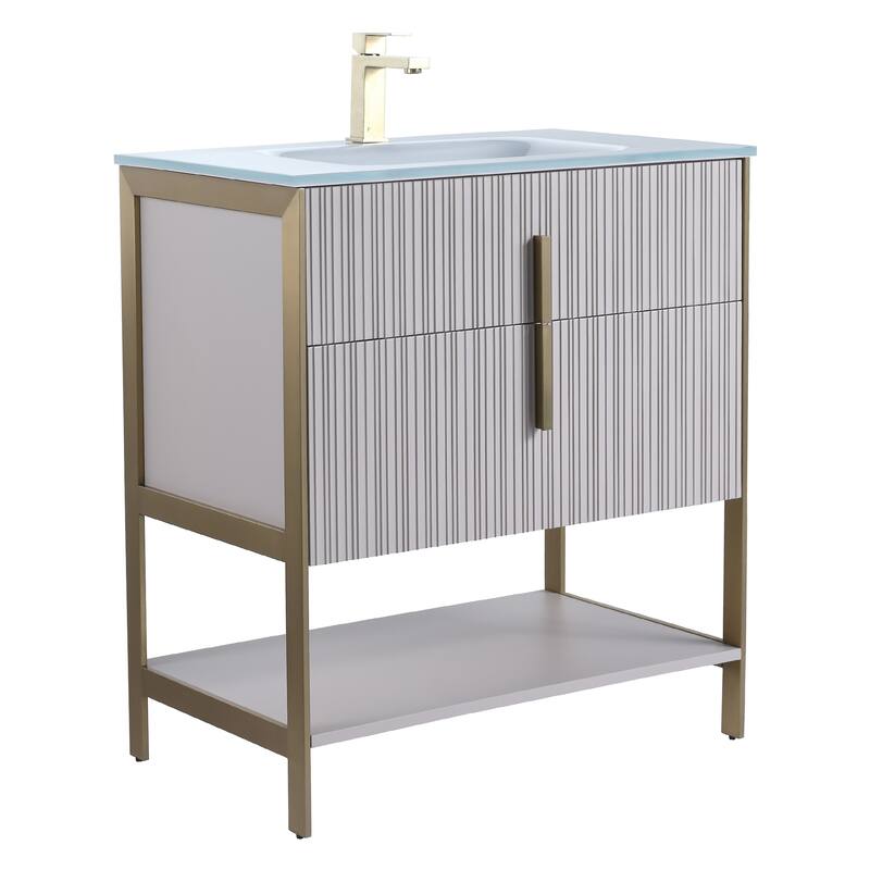 Fine Fixtures Serenity Modern Bathroom Vanity with White Glass Top - Bright Taupe - Brass Hardware - 30 inch