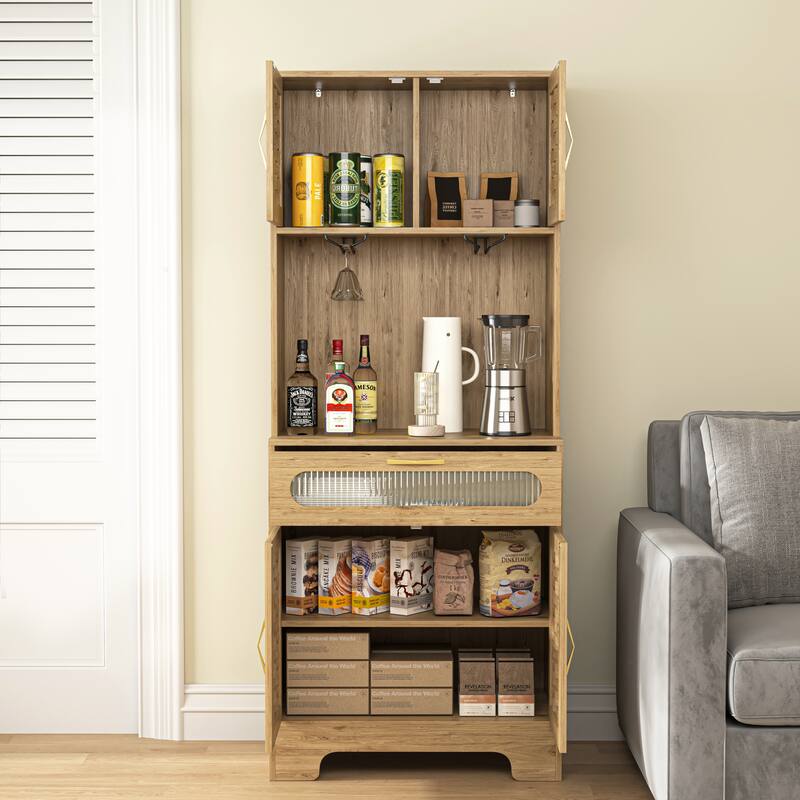 67" Tall Kitchen Pantry Cabinet with Hutch, Farmhouse Freestanding Buffet Cupboard Liquor Bar Cabinet for Dining Room, Home Bar