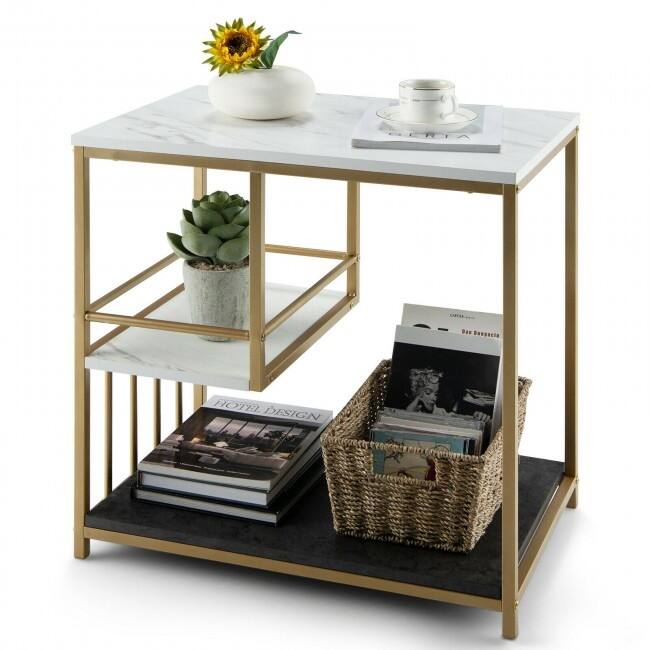 3-Tier Sofa Side Table with Golden Polished Steel Frame and Open Storage Shelf - 23.5" x 15.5" x 24" (L x W x H)