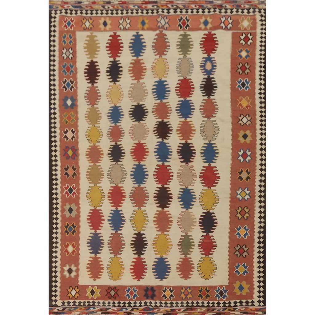 Geometric Kilim Qashqai Persian Vintage Rug Flatweave Beige Carpet - 5'9" x 8'5"