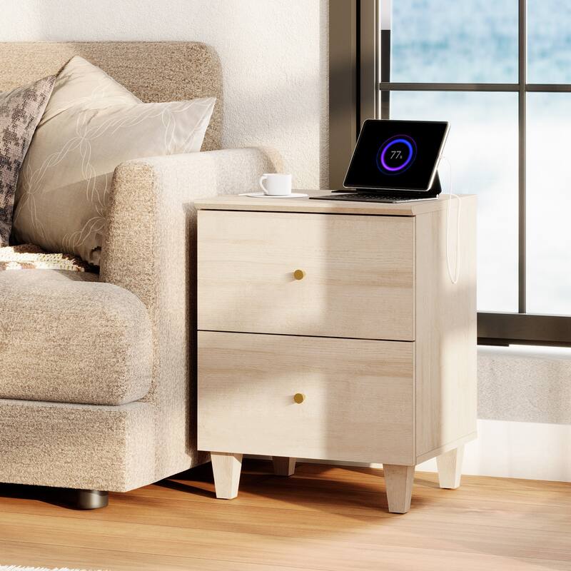 WAMPAT End Table with Charging Station and 2 Drawer for Living Room