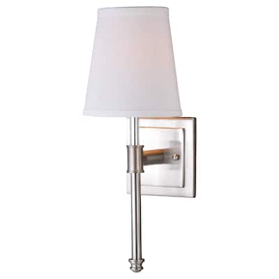 Ritz 6-in W Nickel Modern Wall Sconce with White Fabric Shade - 6-in W x 16-in H x 6.75-in D