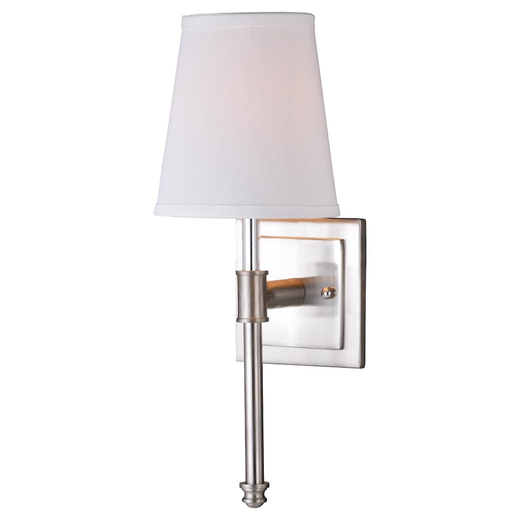 Ritz 1-Light 6 in. W Satin Nickel Bathroom Vanity Lighting Fixture, White Fabric Shade, Dimmable, LED Compatible, Wall Sconce