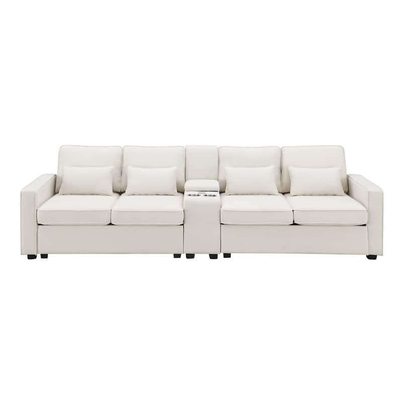 Modern 4-Seat Sofa with Console, Wireless Charging, 2 Cupholders, and 4 Pillows, Upholstered in Linen Fabric
