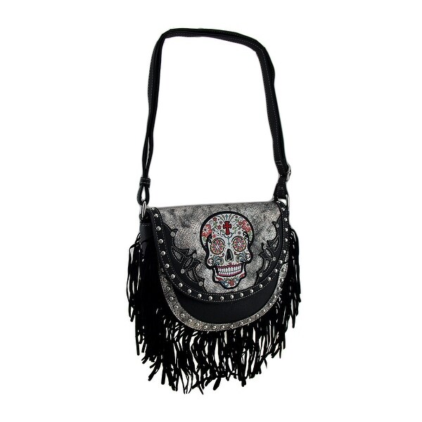 Fringed Western Style Sugar Skull Metallic Trim Crossbody Purse Fringed Western Style Sugar Skull Metallic Trim Crossbody Purse