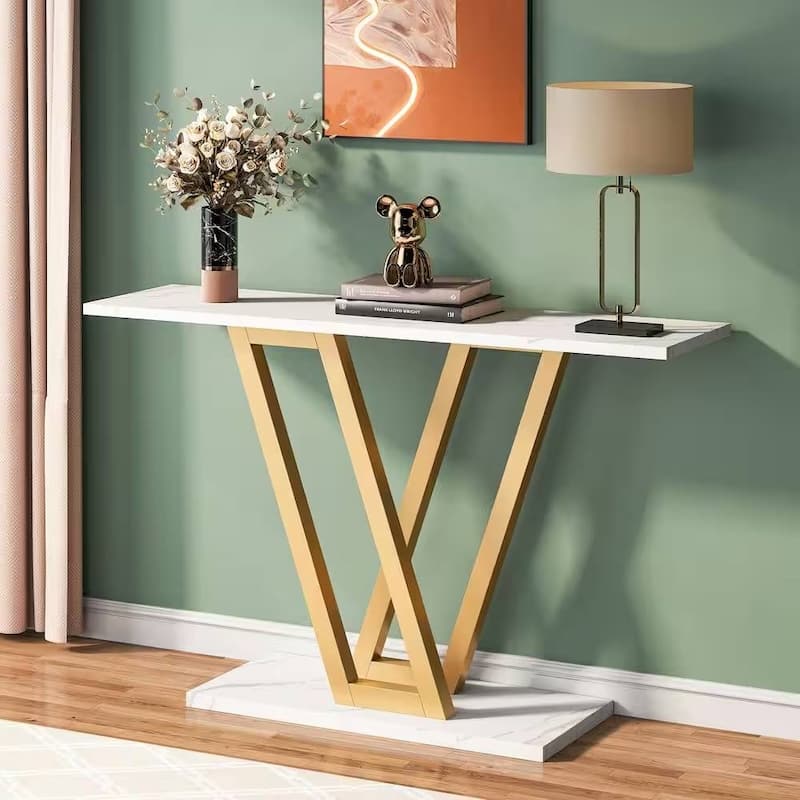 Multipurpose Living Room Console Table with Faux White Marble Top and Gold Metal Frame - 43.31''W x 11.81”D x 31.5”H