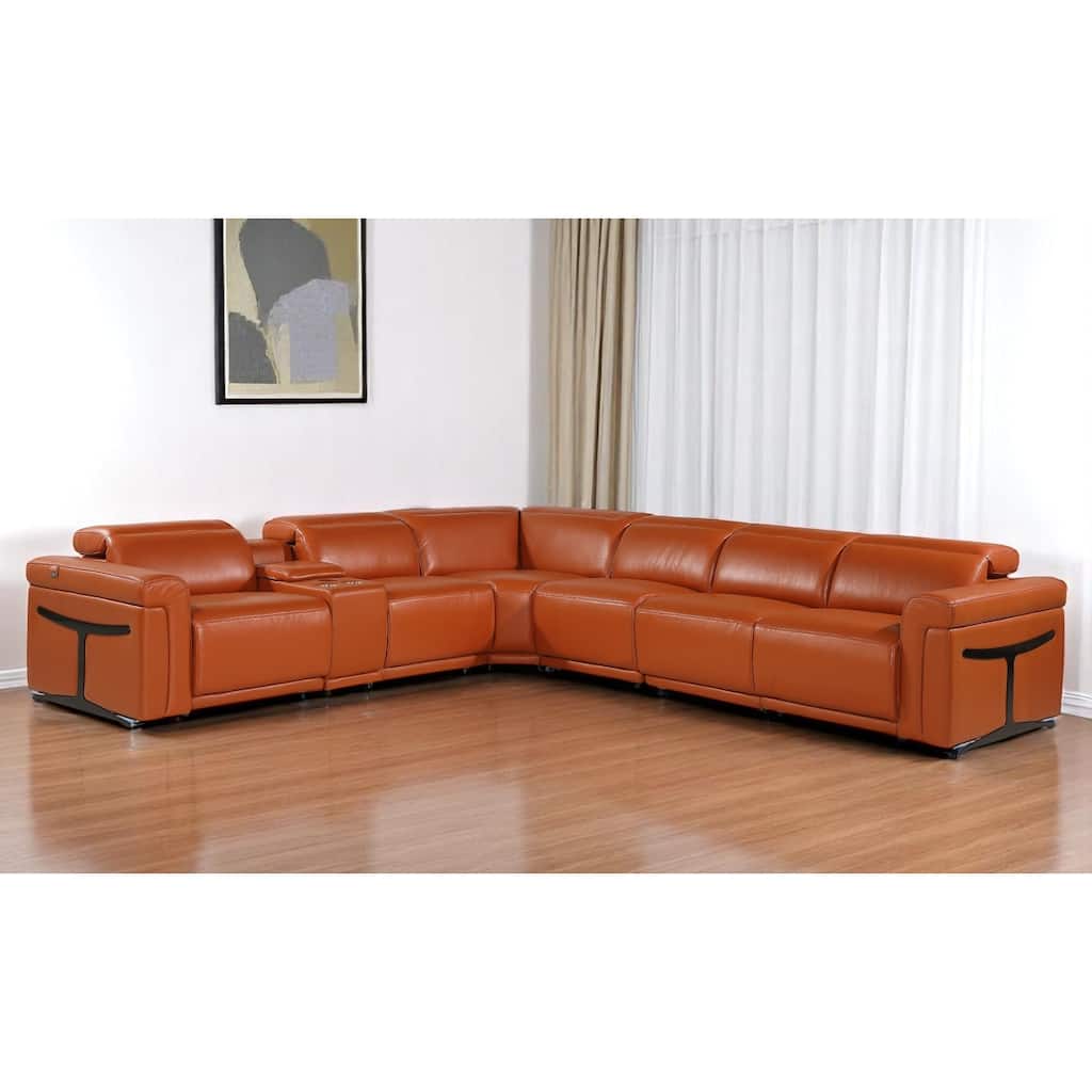 HomeRoots Camel Italian Leather Modular L Shaped Seven Piece Corner Sectional With Console