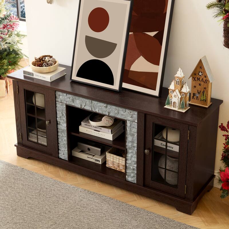 58" Modern TV Stand with 2-Door Storage, Faux Stone Media Console Cabinet, Cherry Large Entertainment Center for Living Room