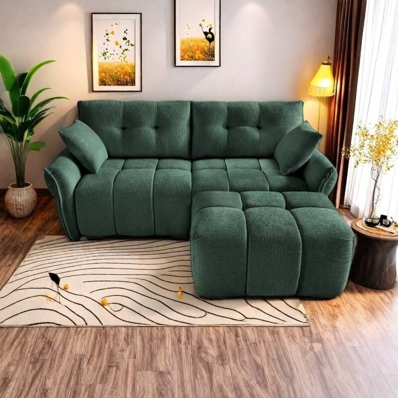 Modular 4-Seat Chenille Sofa Set with 2 Ottomans, High-Resilience Cushions and Solid Wood Frame - 2 Seater with Ottoman Green