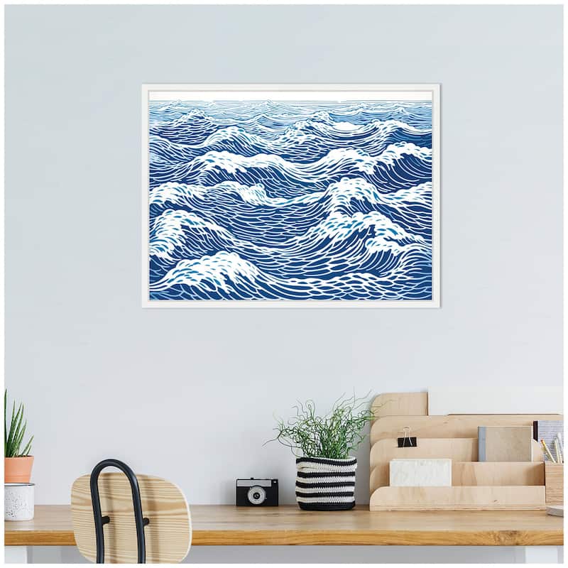 Kate and Laurel Sylvie Linocut Abstract Waves Blue and White Framed Canvas by The Creative Bunch Studio