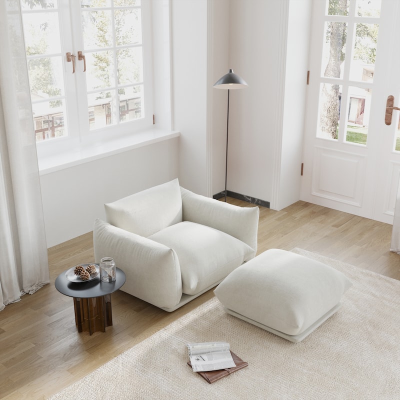 Single Sofa Accent Chair Armchair Chenille Fabric Sofa with Ottoman Set - Beige