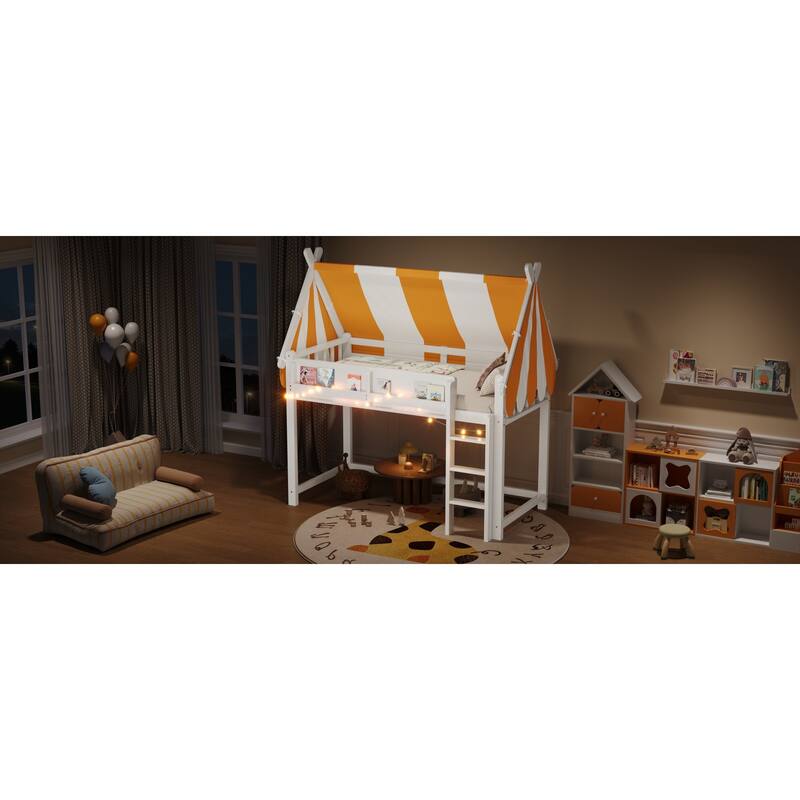 Roomfitters Twin/Full Size Loft Bed with Canopy, LED Lights and Book Shelf