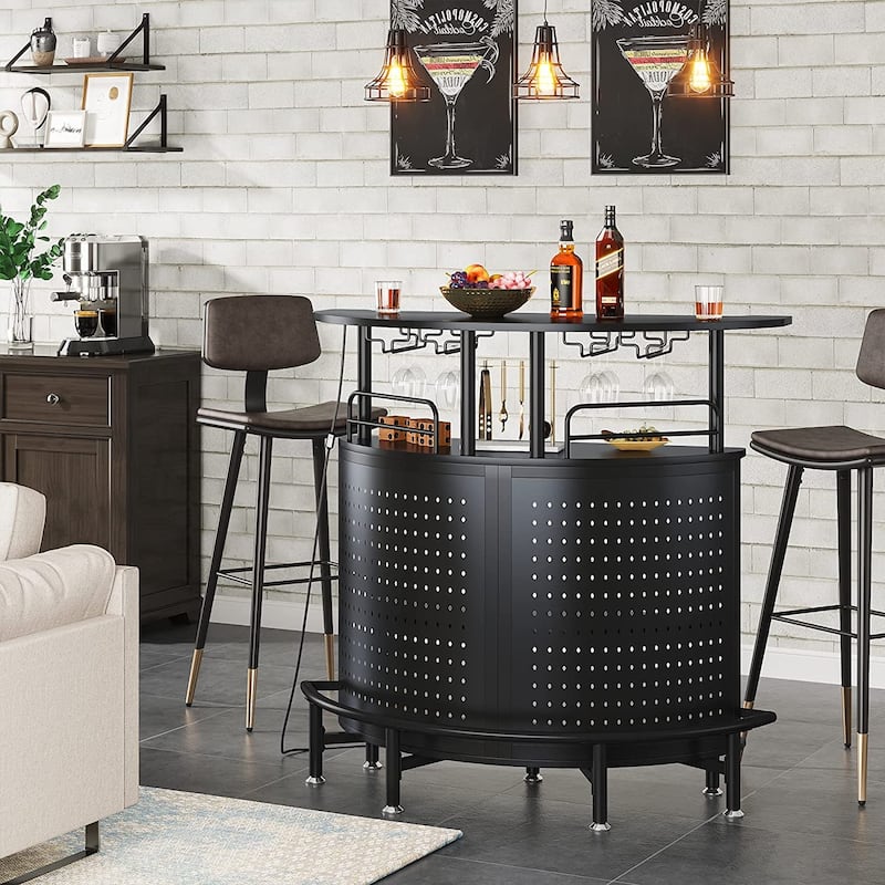 Smart LED Lights Bar Unit, 3-Tier Liquor Bar Table with Glasses Holder