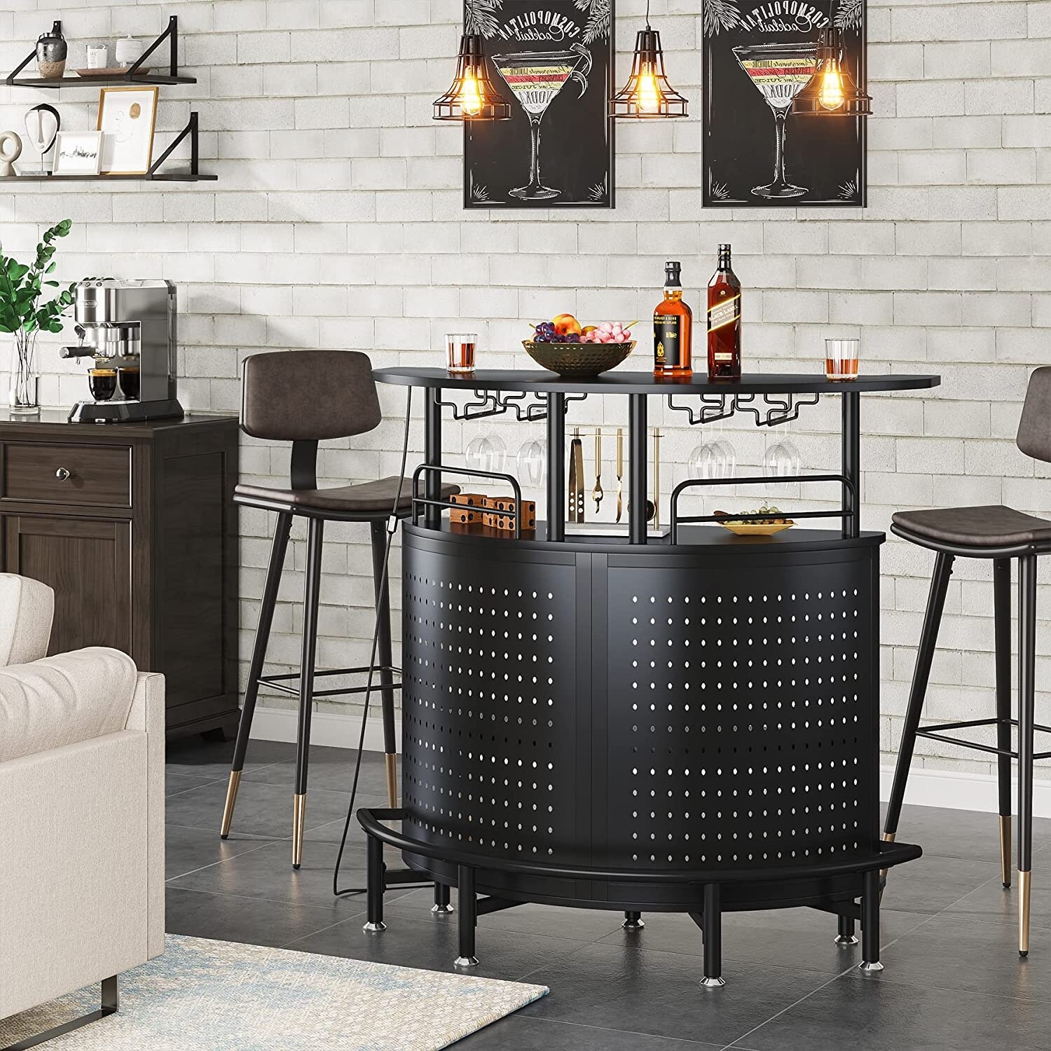 Smart LED Lights Bar Unit 3 Tier Liquor Bar Table with Glasses