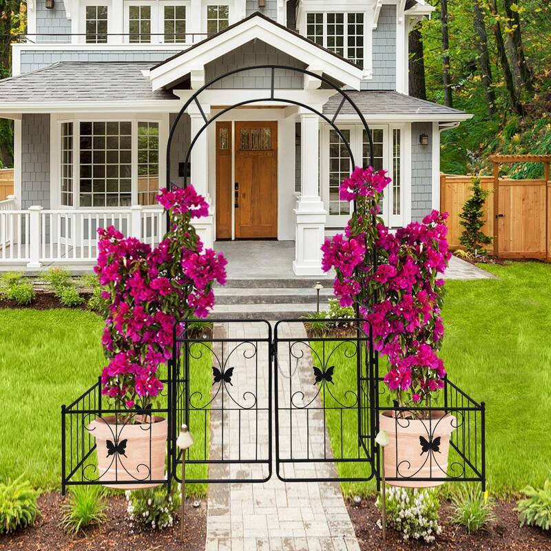 Metal Garden Arch with Gate for Climbing Plants, Outdoor Rose Arch, 79.5" W x 86.6" H
