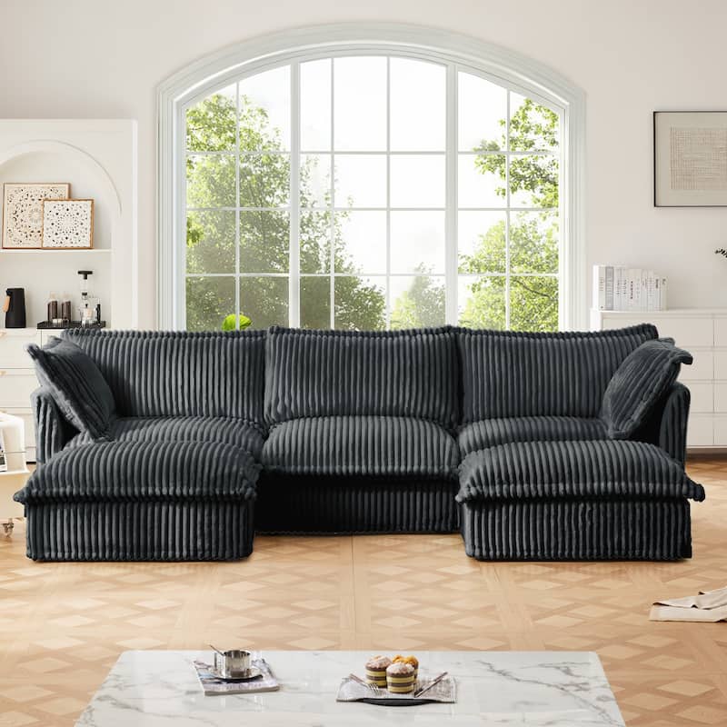 Slipcovered U-Shape 3-Seater Corduroy Sectional Deep Seat Sofa Couch - Grey