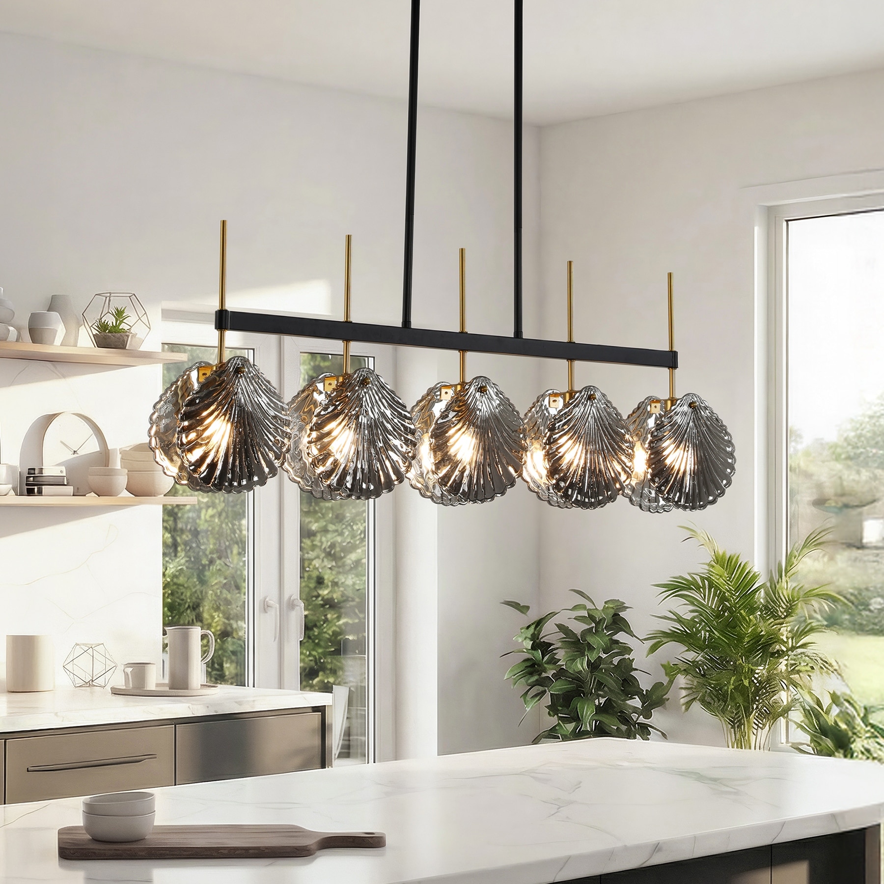 Modern 5-Light Linear Chandelier with Smoky Gray Glass Shades for Dining Room or Kitchen Island