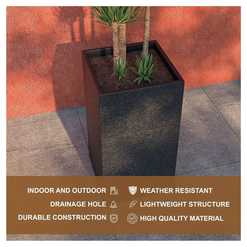 Basalt Modern Tall Square MGO Fiberstone Planter with Drainage, Weather-Resistant Indoor & Outdoor Patio Pot
