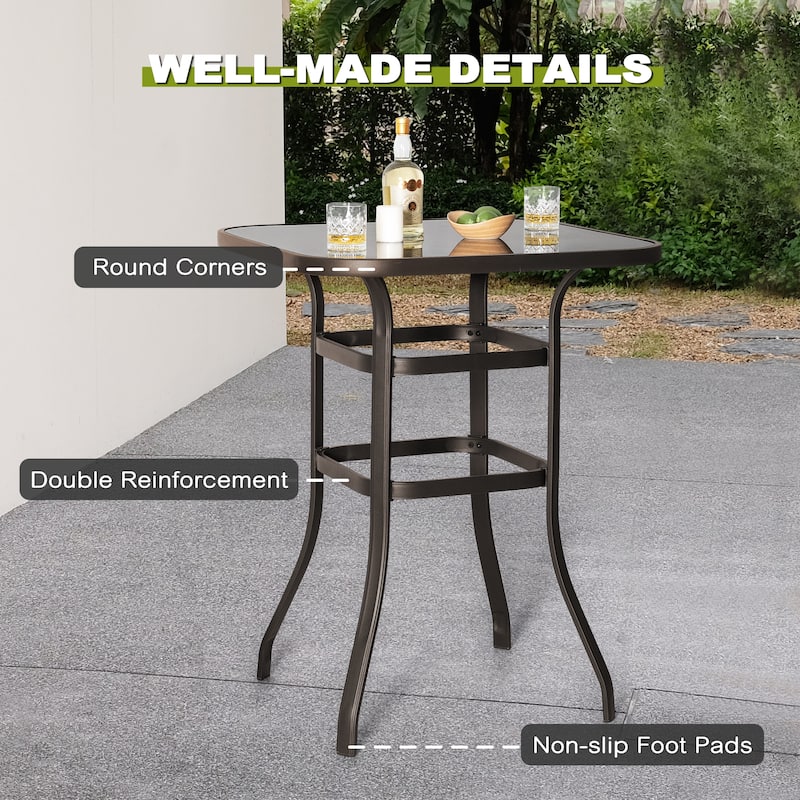 Outdoor 32 Inch Square Bar Table with Tempered Glass Tabletop