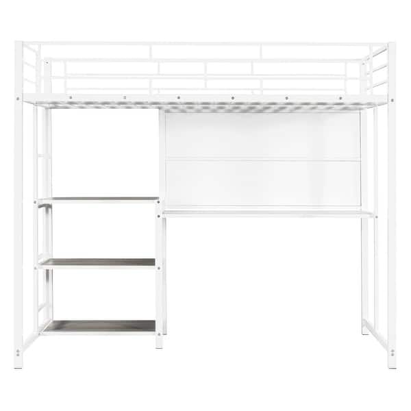 slide 2 of 12, White Twin Size Loft Bed, Multifunctional Metal Storage Bed with Desk and Whiteboard, Shelves, Ladder, Space-Saving Bed Frame White - Twin