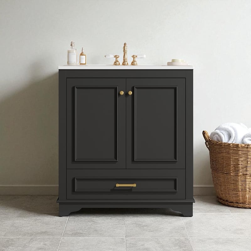 30" Bathroom Vanity with Ceramic Sink, Solid Wood Frame, 2 Soft-Close Doors, Storage Cabinet with Shelf - Black