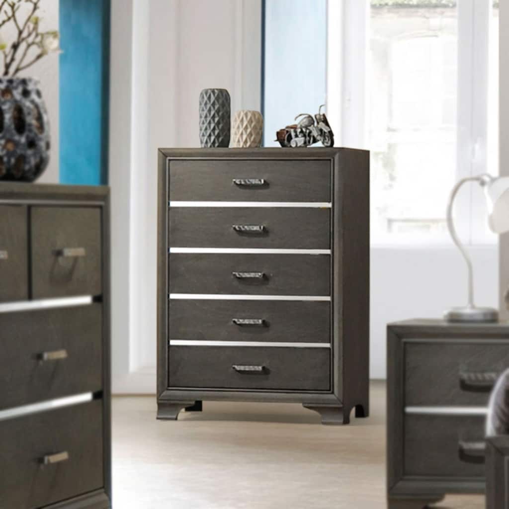 Contemporary 5 Drawer chest-Grey & Wood finish