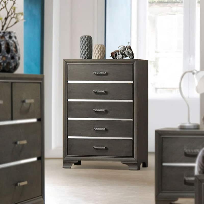 Contemporary 5 Drawer chest-Grey & Wood finish